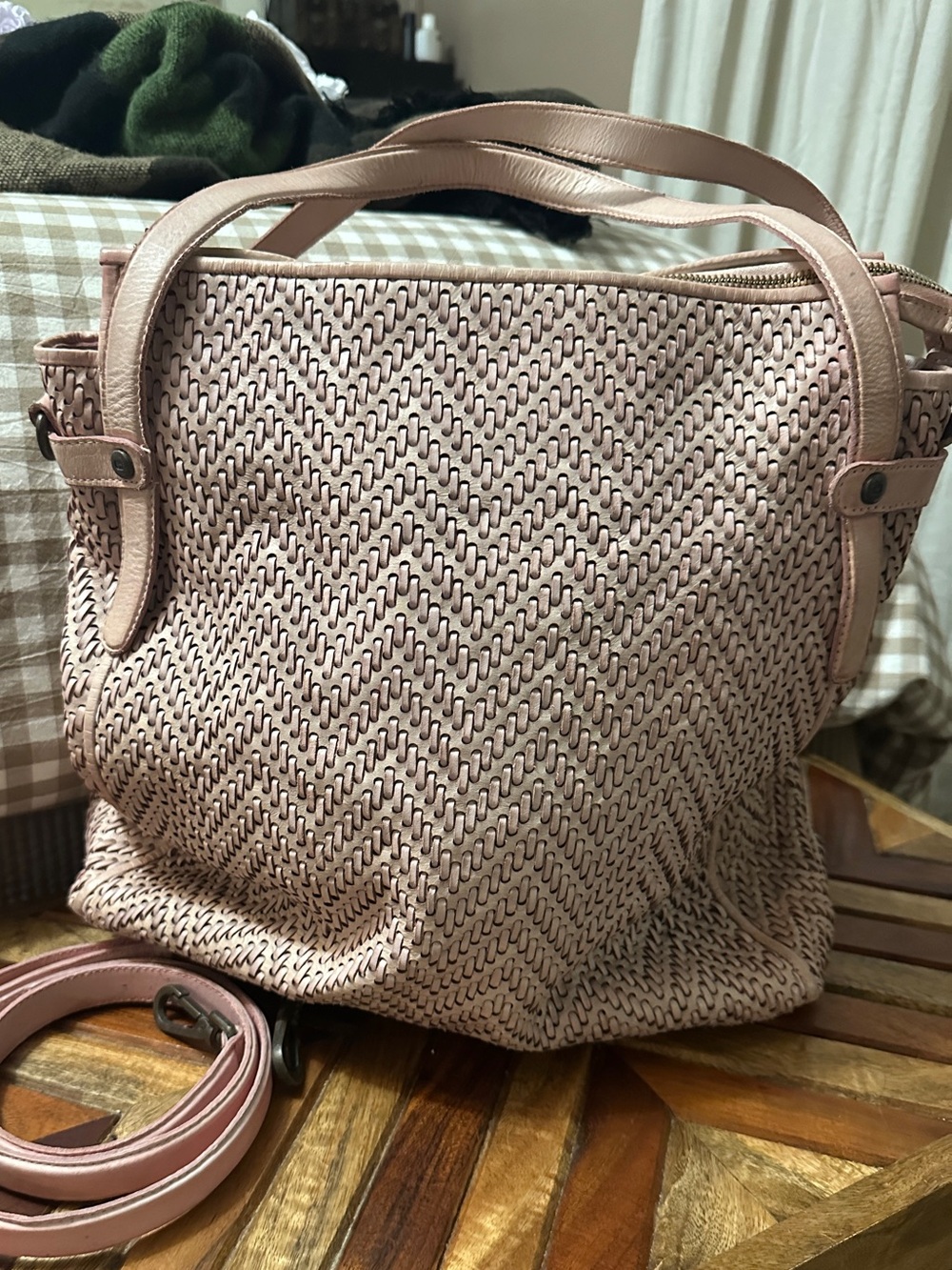 Woven Blush Pink Shoulder Bag with Removable Strap